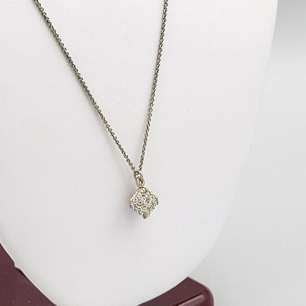 Steve Madden Signed Womens Rhinestone Cube Pendant Gold Tone Necklace 20 in - Picture 3 of 6
